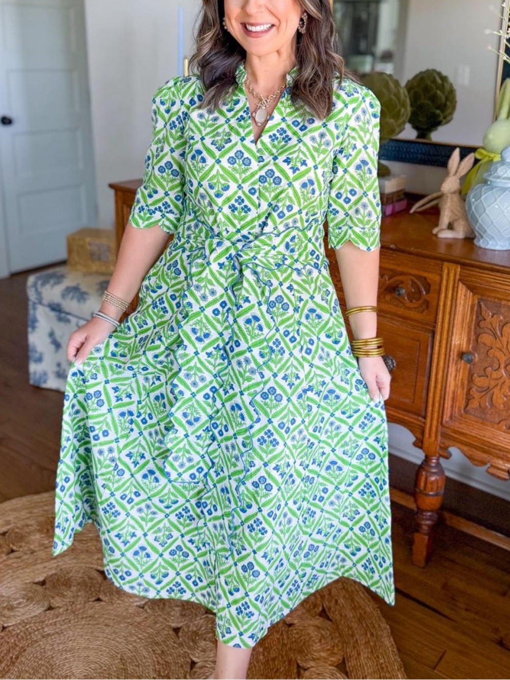 Cotton Block print Green Patterned Midi Dress with Tie Waist